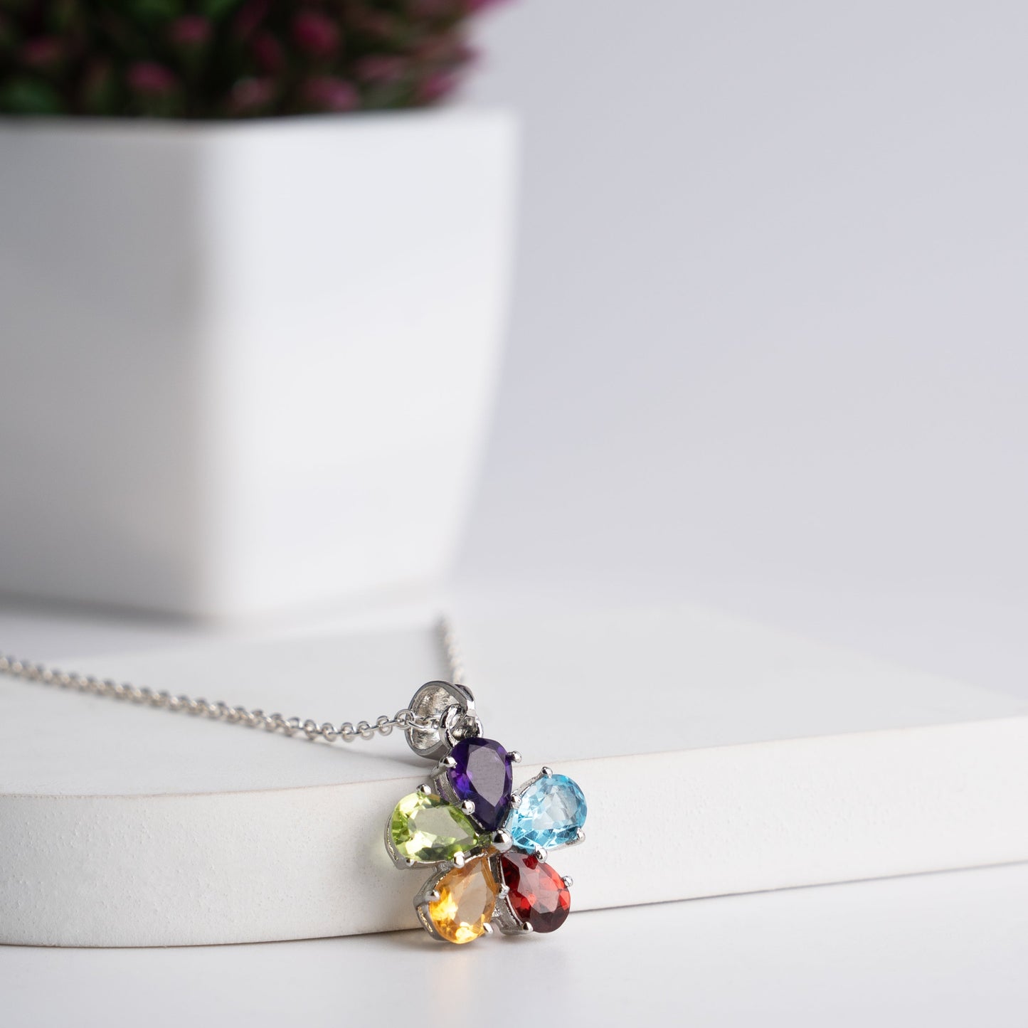 Multi-Gem Floral Drop Necklace