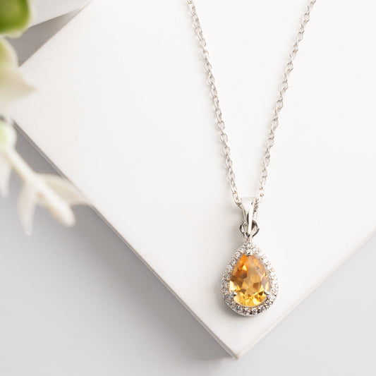 Sterling Silver Pear-Shaped Citrine Pendant Necklace with CZ Halo – Birthstone Jewelry Gift for Her