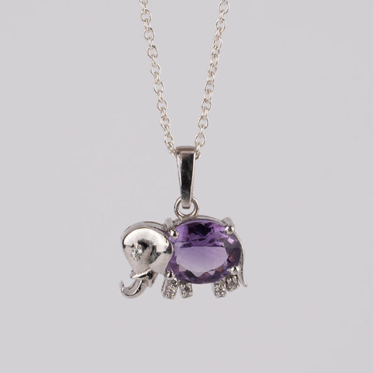Sterling Silver Elephant Pendant with Amethyst / Black Onyx Gemstone – Lucky Charm Necklace