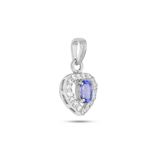 Heart-Shaped Sterling Silver Pendant with Blue Tanzanite and Sparkling Cubic Zirconia