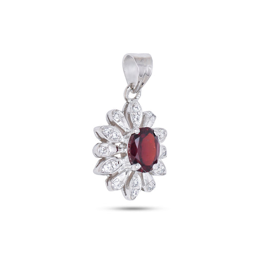 925 Sterling Silver Floral Pendant with Oval Garnet & CZ Accents – Elegant Flower Design Jewelry for Women