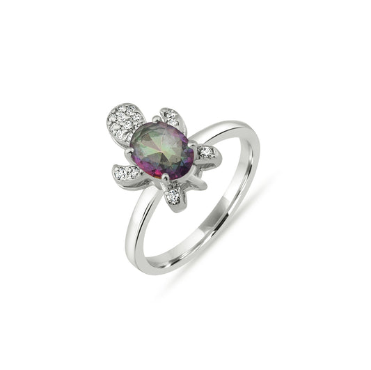 Sterling Silver Turtle Ring with Rainbow Mystic Zircon and Diamond Accents – Cute Animal Jewelry for Women 2025