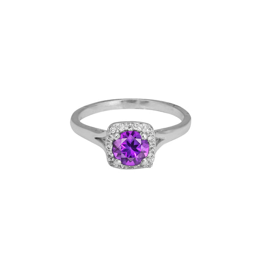 Trendy Amethyst Halo Ring – Sterling Silver Purple Gemstone Statement Jewelry