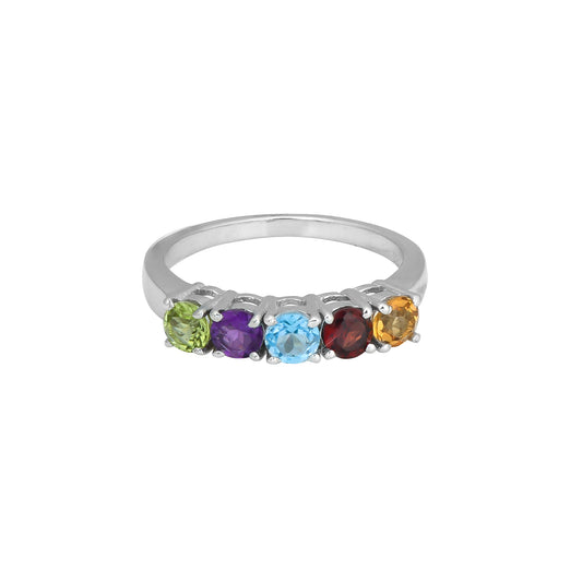 Sterling Silver 5 Birthstone Ring – Personalized Family Gemstone Band, Custom Mother’s Jewelry Gift
