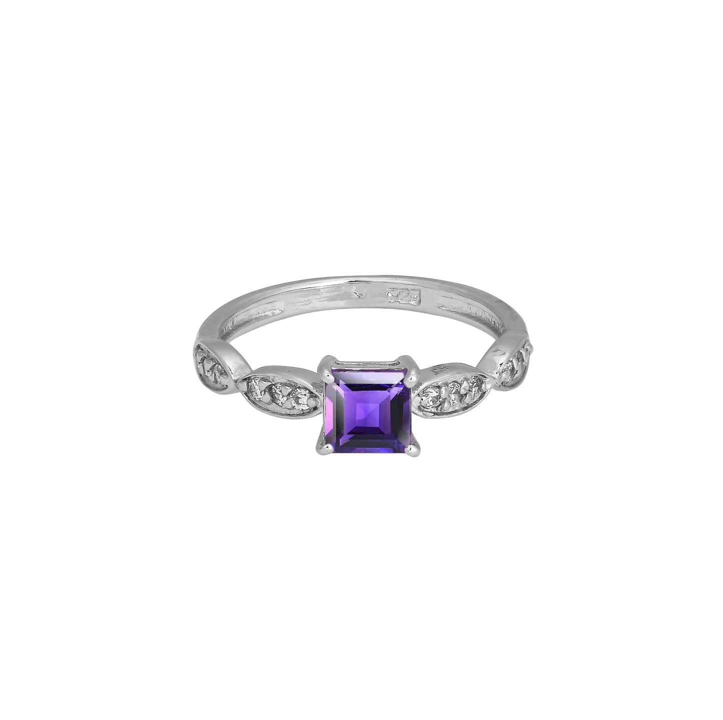 Princess Cut Amethyst Zircon Ring – Sterling Silver Marquise Accent Purple Gemstone Jewelry