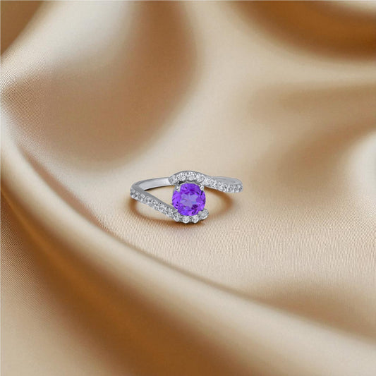 Sterling Silver Amethyst and Zircon Accent Asymmetric Bypass Ring – Modern 2025 Statement Ring for Women