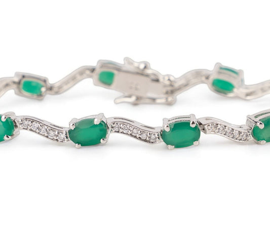 Elegant Silver Bracelet with Oval Green Onyx and Cubic Zirconia Accents