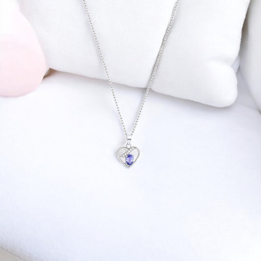 925 Sterling Silver Heart Necklace with Tanzanite & CZ – Elegant Pendant Chain for Women
