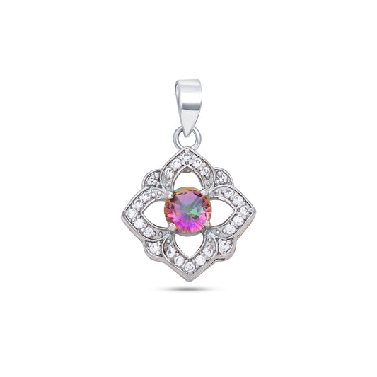 Sterling Silver Floral Pendant Necklace with Pink and White Stones – Elegant Multistone Design