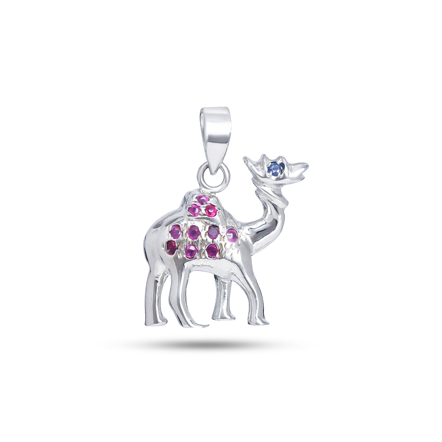 Whimsical Sterling Silver Camel Pendant with Pink and Blue Sapphire Gemstone Accents