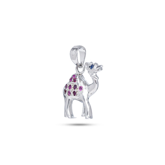 Whimsical Sterling Silver Camel Pendant with Pink and Blue Sapphire Gemstone Accents