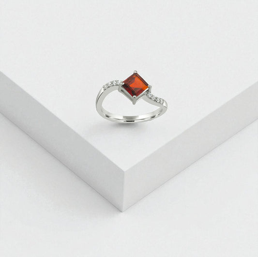 Red Princess Cut Silver Ring – 925 Sterling Silver, Square Red Gemstone, Dainty White Zircon Accents, Elegant Women’s Birthstone Jewelry