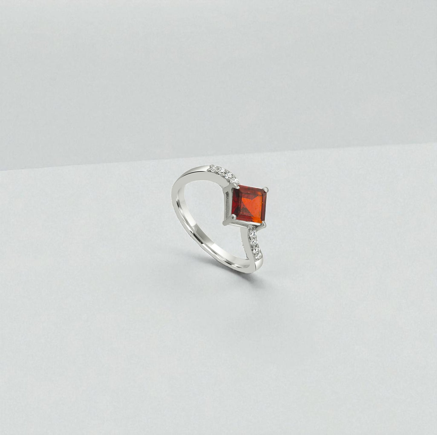 Red Princess Cut Silver Ring – 925 Sterling Silver, Square Red Gemstone, Dainty White Zircon Accents, Elegant Women’s Birthstone Jewelry