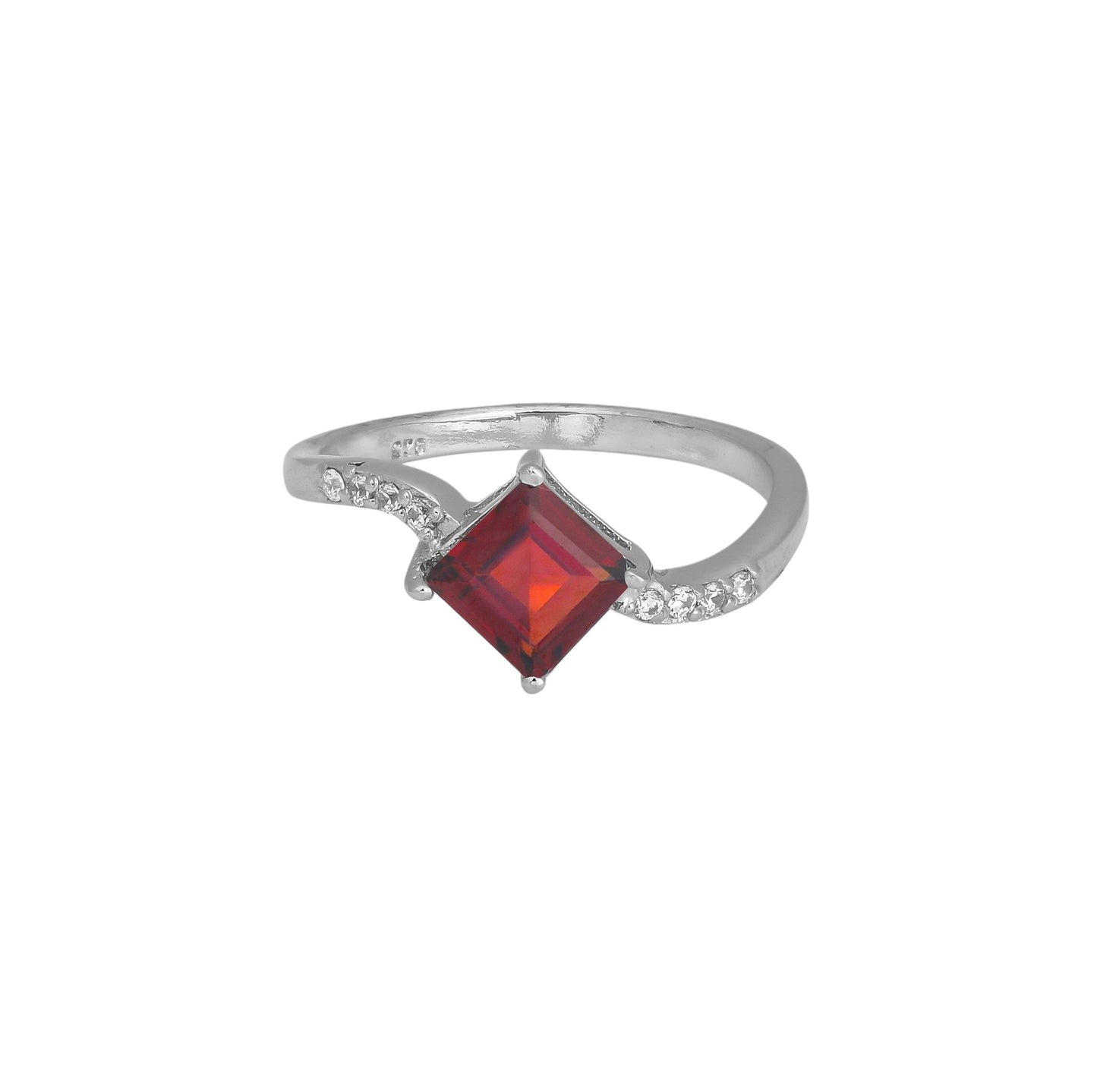 Red Princess Cut Silver Ring – 925 Sterling Silver, Square Red Gemstone, Dainty White Zircon Accents, Elegant Women’s Birthstone Jewelry