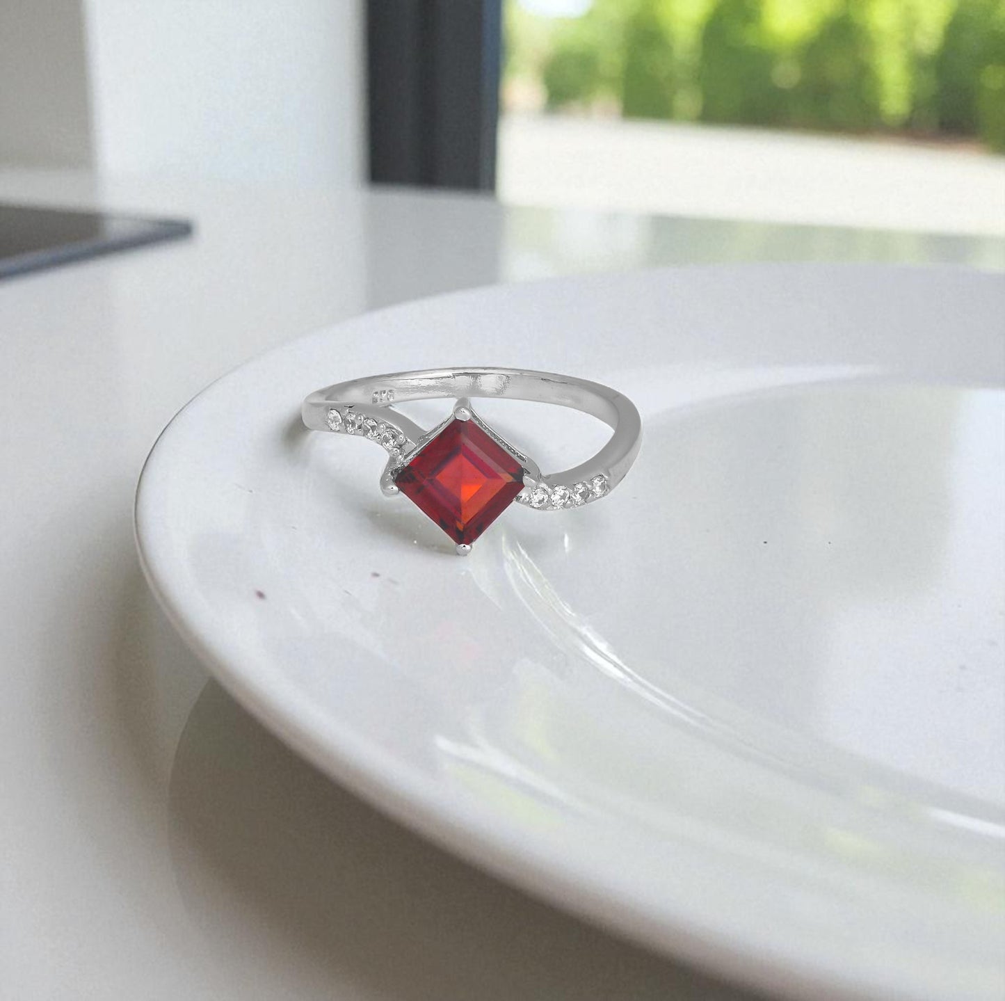 Red Princess Cut Silver Ring – 925 Sterling Silver, Square Red Gemstone, Dainty White Zircon Accents, Elegant Women’s Birthstone Jewelry