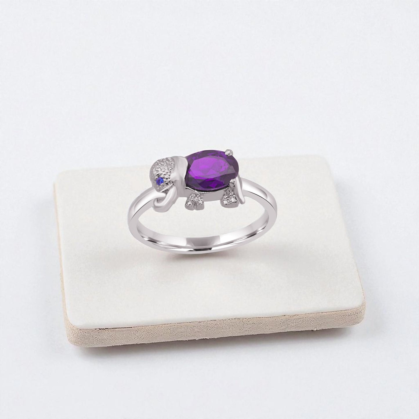 Sterling Silver Elephant Ring with Amethyst – Cute Animal Jewelry Gift for Women
