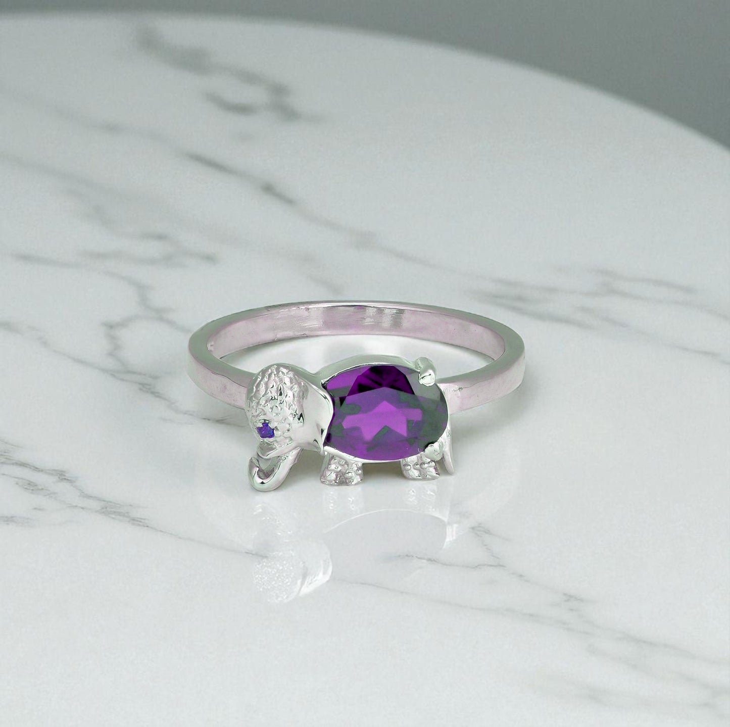 Sterling Silver Elephant Ring with Amethyst – Cute Animal Jewelry Gift for Women