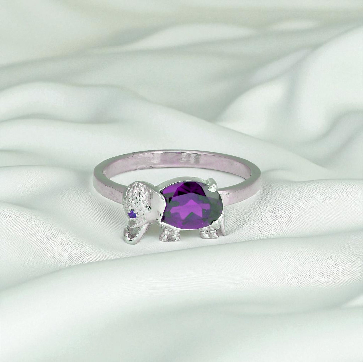 Sterling Silver Elephant Ring with Amethyst – Cute Animal Jewelry Gift for Women