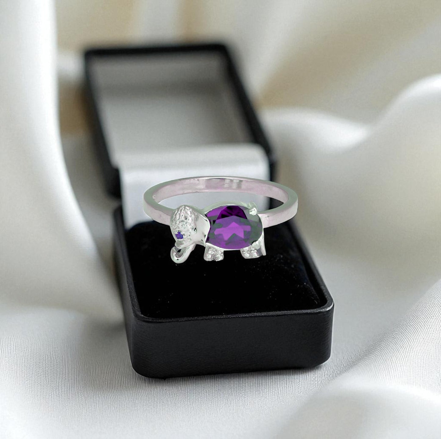 Sterling Silver Elephant Ring with Amethyst – Cute Animal Jewelry Gift for Women