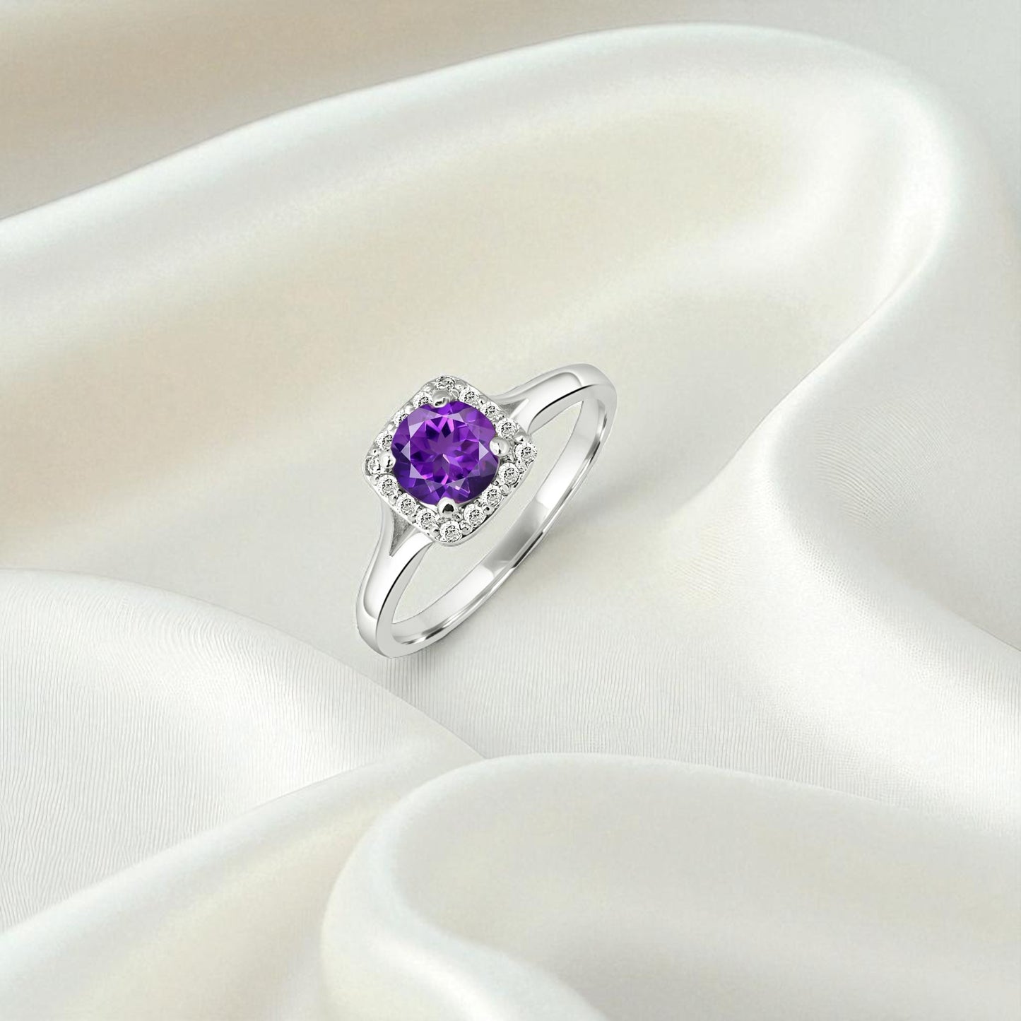 Trendy Amethyst Halo Ring – Sterling Silver Purple Gemstone Statement Jewelry