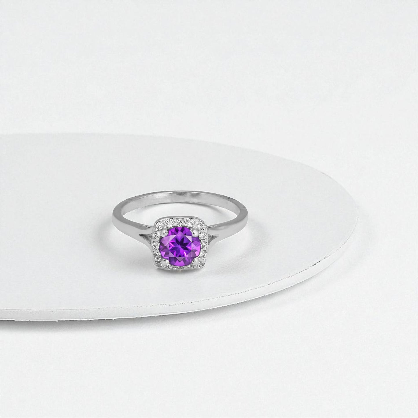Trendy Amethyst Halo Ring – Sterling Silver Purple Gemstone Statement Jewelry