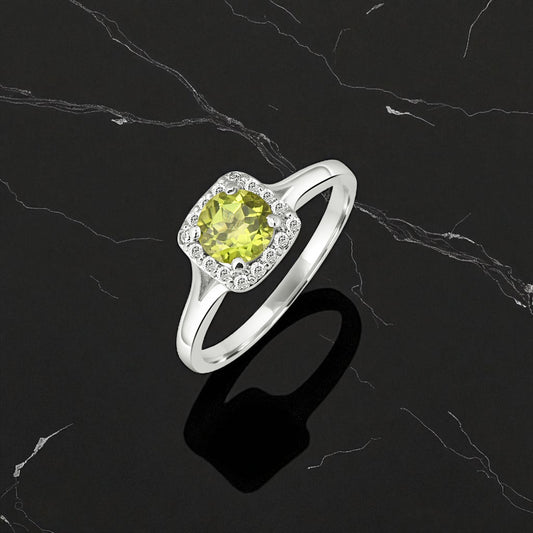 Chic Peridot Halo Ring – Sterling Silver Yellow Green Gemstone Statement Jewelry