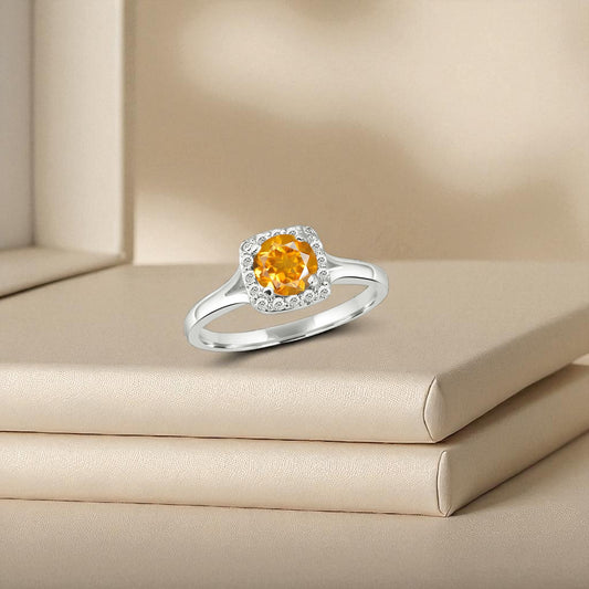 Citrine Halo Ring – Sterling Silver Yellow Gemstone Statement Ring for Women