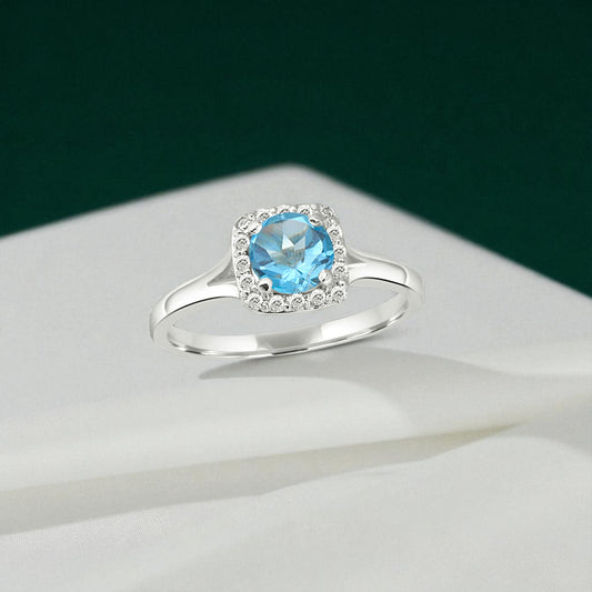 Blue Topaz Halo Ring – Sterling Silver Sparkling Sky Blue Gemstone Statement Jewelry