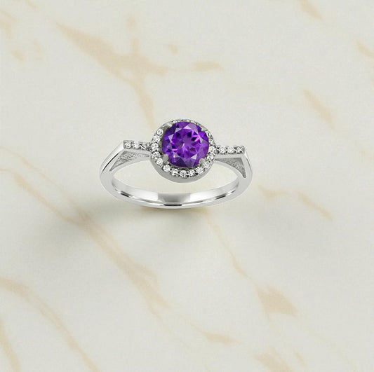 Radiant Amethyst Zircon Halo Ring – Sparkling Sterling Silver Elegance for Women