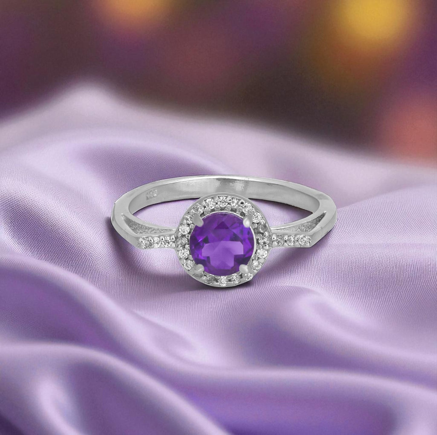 Radiant Amethyst Zircon Halo Ring – Sparkling Sterling Silver Elegance for Women