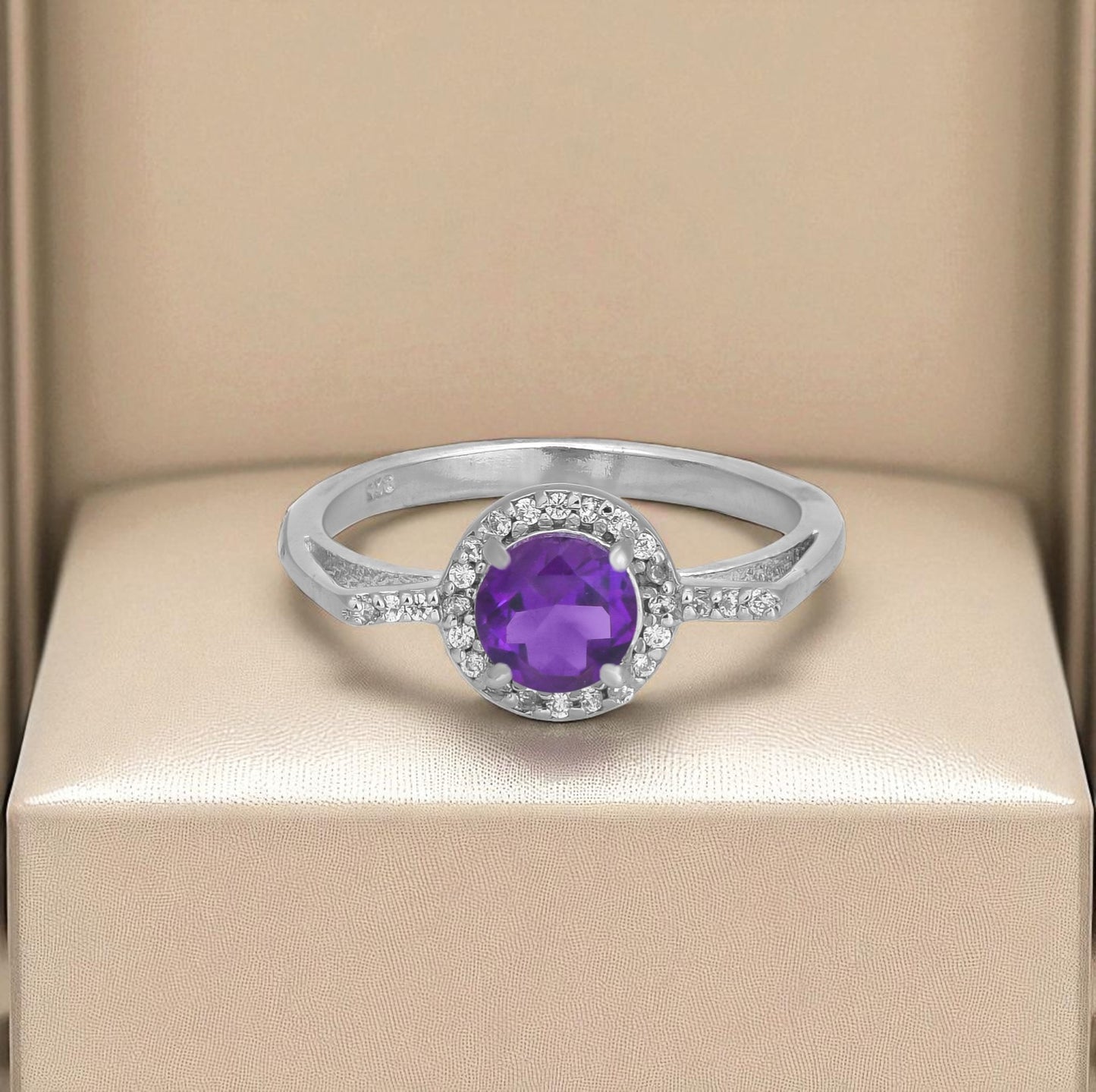 Radiant Amethyst Zircon Halo Ring – Sparkling Sterling Silver Elegance for Women