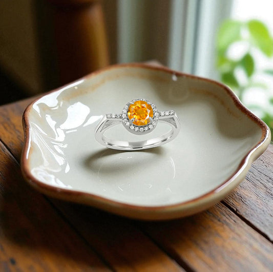 Radiant Citrine Zircon Halo Ring – Dazzling Sterling Silver Yellow Gemstone Jewelry