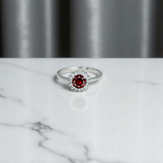 Classic Red Zircon Flower Halo Ring – Sterling Silver Vintage-Inspired Women’s Jewelry
