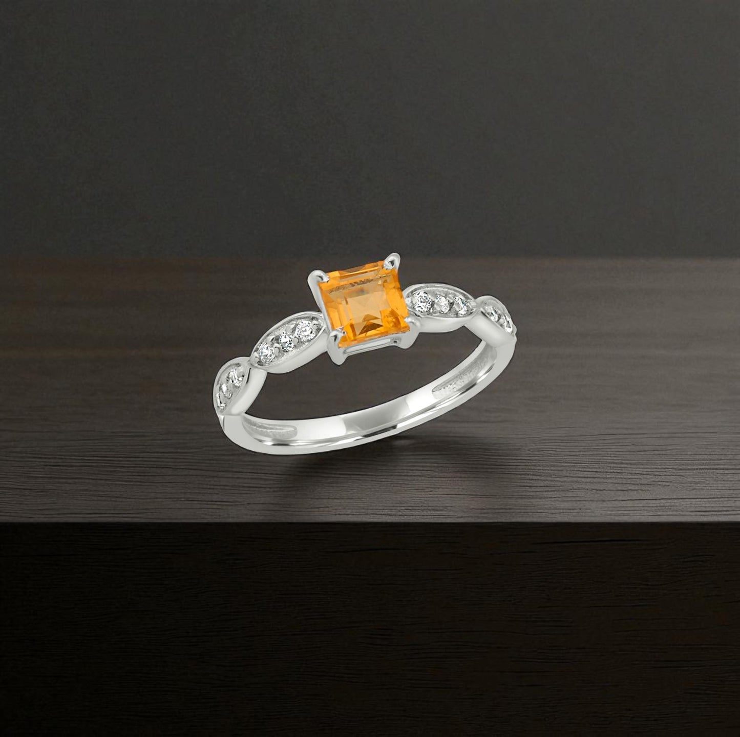 Princess Cut Citrine Zircon Ring – Elegant Sterling Silver Marquise Accent Gemstone Jewelry