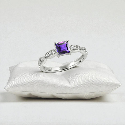 Princess Cut Amethyst Zircon Ring – Sterling Silver Marquise Accent Purple Gemstone Jewelry