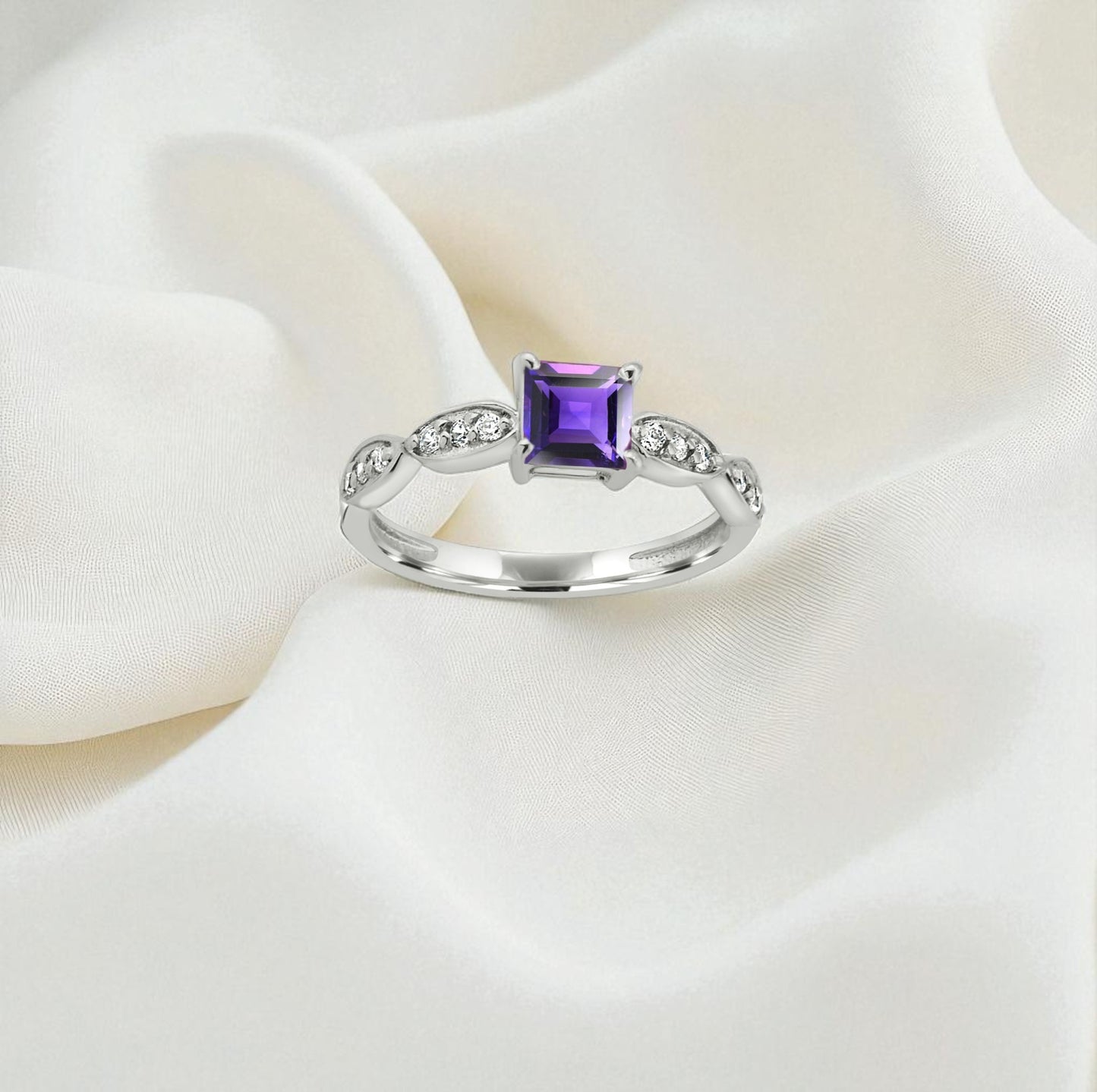 Princess Cut Amethyst Zircon Ring – Sterling Silver Marquise Accent Purple Gemstone Jewelry