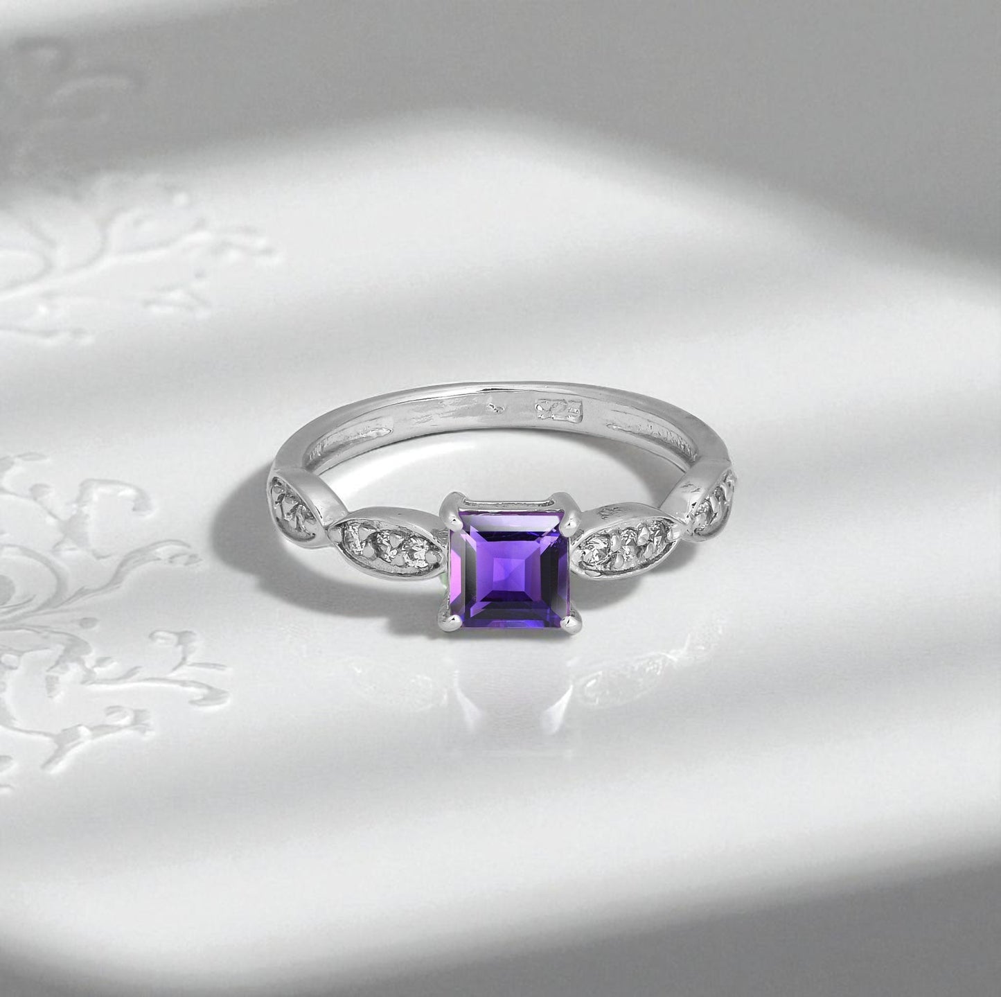 Princess Cut Amethyst Zircon Ring – Sterling Silver Marquise Accent Purple Gemstone Jewelry