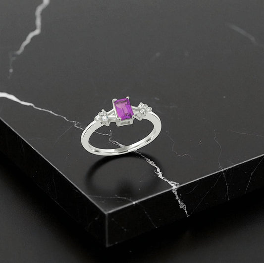Amethyst Promise Ring – Sterling Silver, Emerald Cut Purple Gemstone, Dainty Zircon Accents, Birthstone Jewelry for Women