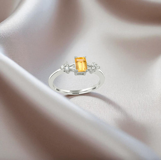 Yellow Zircon Silver Ring – Sterling Silver, Baguette Cut Yellow Gemstone, Dainty White Zircon Accents, Birthstone Jewelry for Women