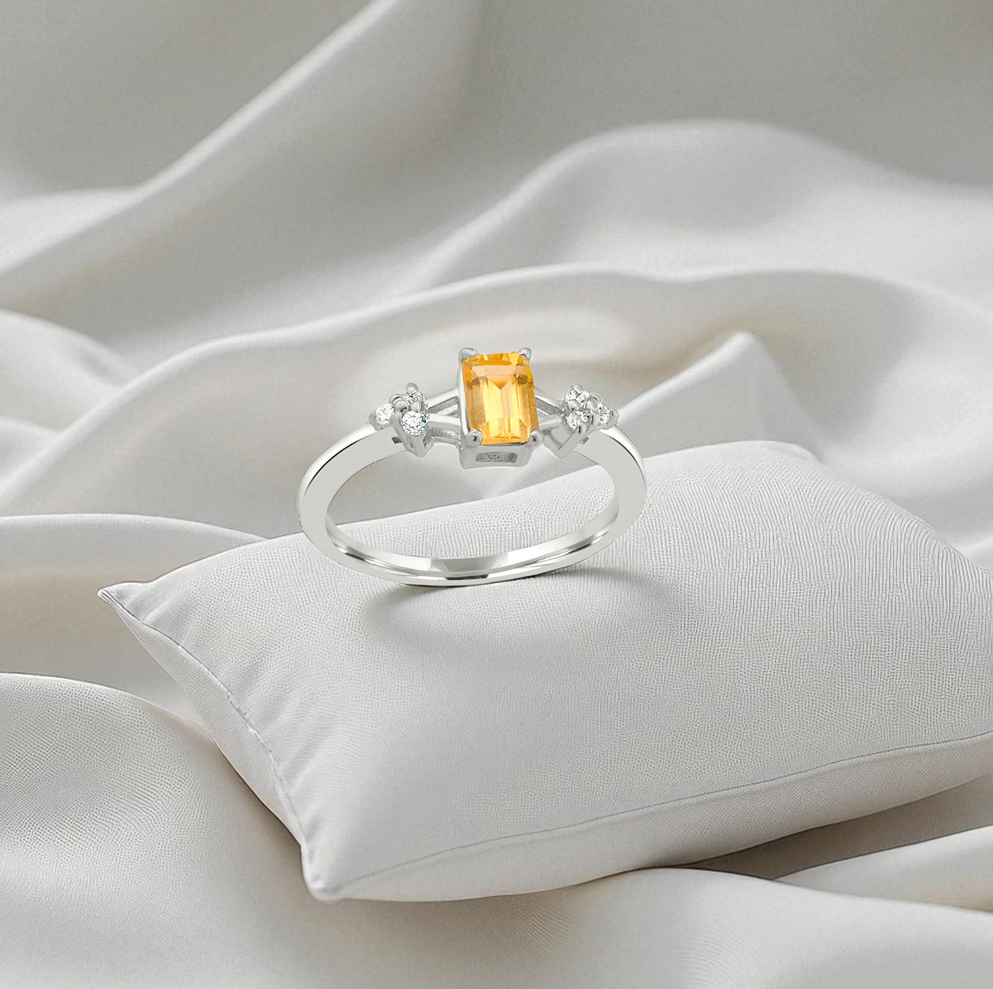 Yellow Zircon Silver Ring – Sterling Silver, Baguette Cut Yellow Gemstone, Dainty White Zircon Accents, Birthstone Jewelry for Women
