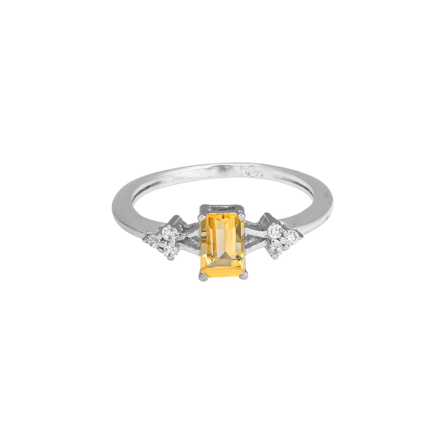 Yellow Zircon Silver Ring – Sterling Silver, Baguette Cut Yellow Gemstone, Dainty White Zircon Accents, Birthstone Jewelry for Women