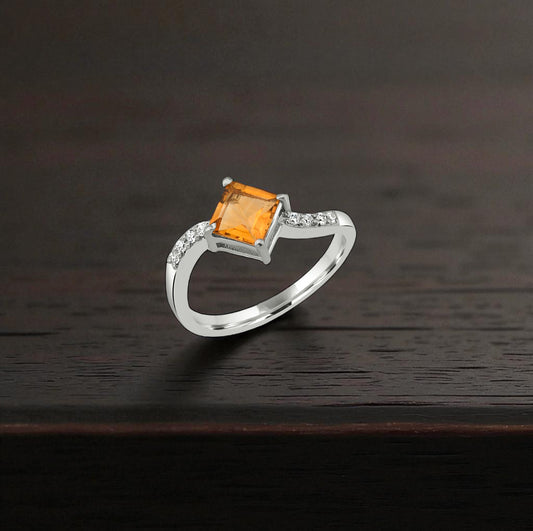 Yellow Princess Cut Silver Ring – 925 Sterling Silver, Square Yellow Gemstone, Dainty White Zircon Accents, Elegant Women’s Birthstone Jewelry
