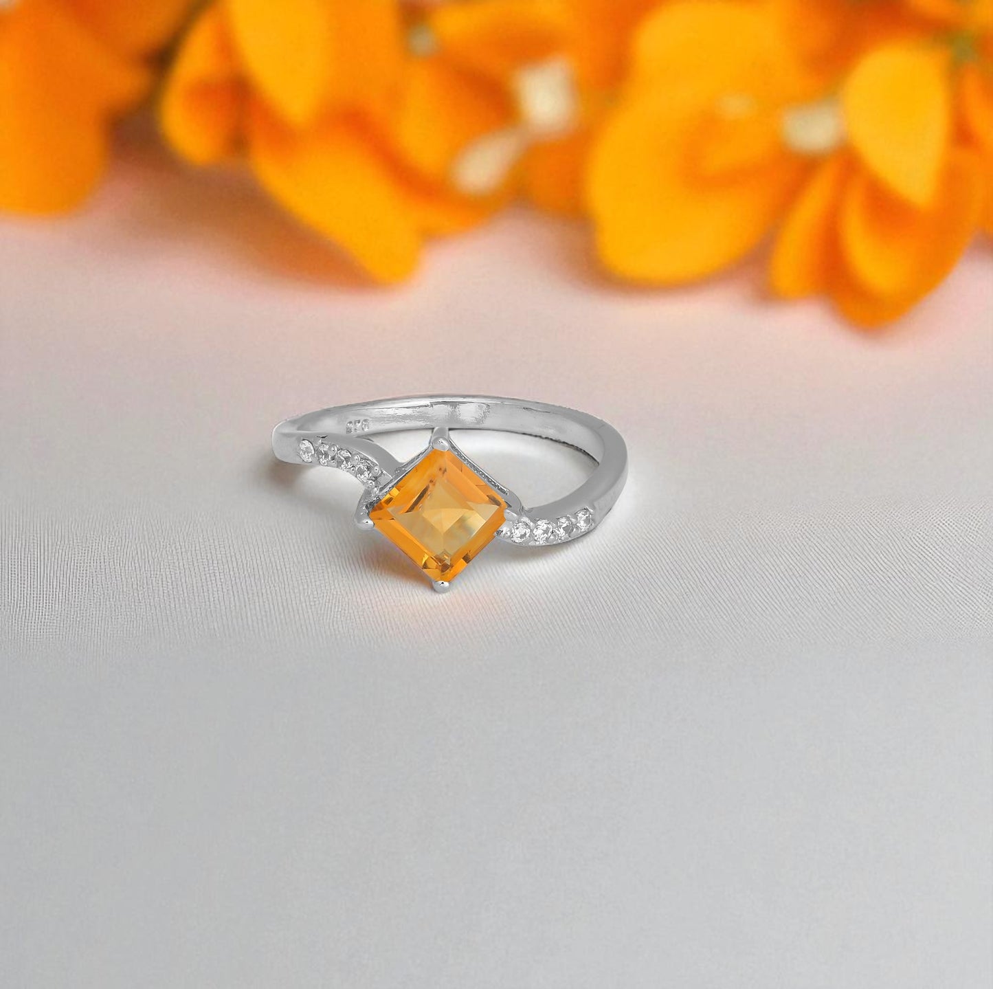 Yellow Princess Cut Silver Ring – 925 Sterling Silver, Square Yellow Gemstone, Dainty White Zircon Accents, Elegant Women’s Birthstone Jewelry