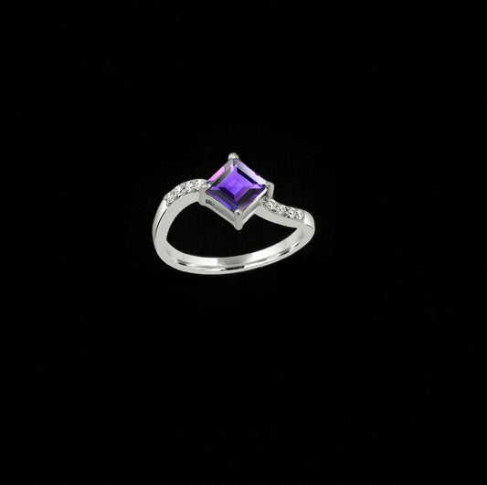 Amethyst Princess Cut Silver Ring – 925 Sterling Silver, Square Purple Gemstone, Dainty White Zircon Accents, Elegant Women’s Birthstone Jewelry