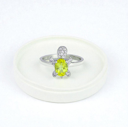 Sterling Silver Turtle Ring in Peridot and Zircon Accents – Trendy 2025 Animal Statement Jewelry for Women