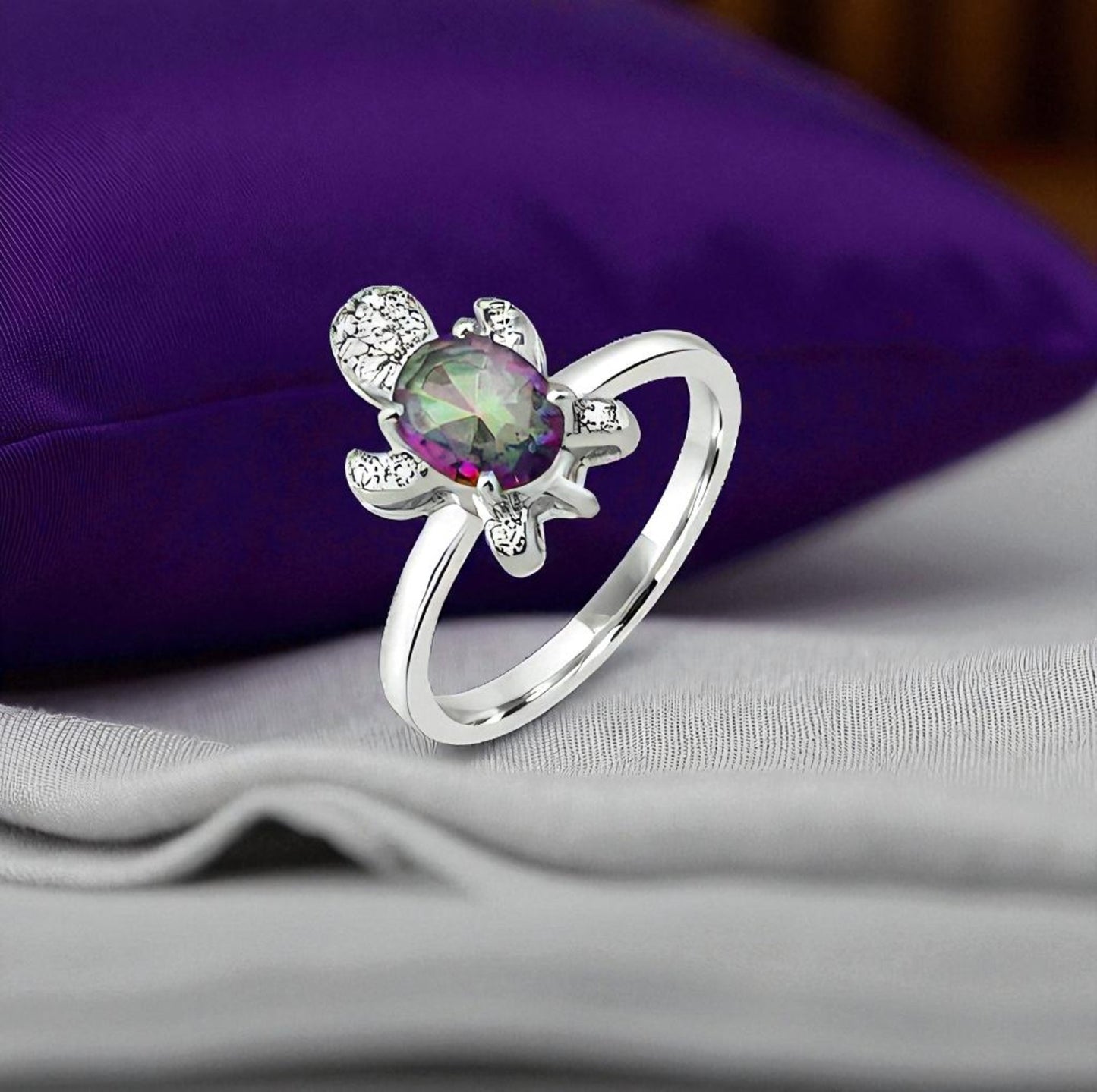 Sterling Silver Turtle Ring with Rainbow Mystic Zircon and Diamond Accents – Cute Animal Jewelry for Women 2025