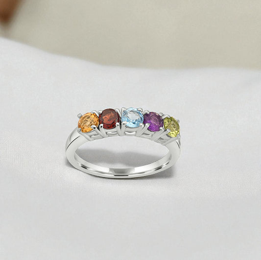 Sterling Silver Five Birthstone Ring – Personalized Family Gemstone Band, Custom Mother’s Jewelry Gift for Women