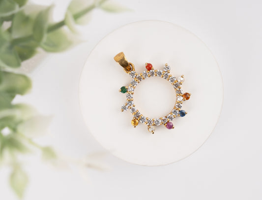 Gold-Plated Navratna Circular Pendant with moissanite – Multicolor Gemstone Charm
