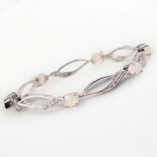 Elegant Sterling Silver Opal & Cubic Zirconia Marquise-Link Bracelet