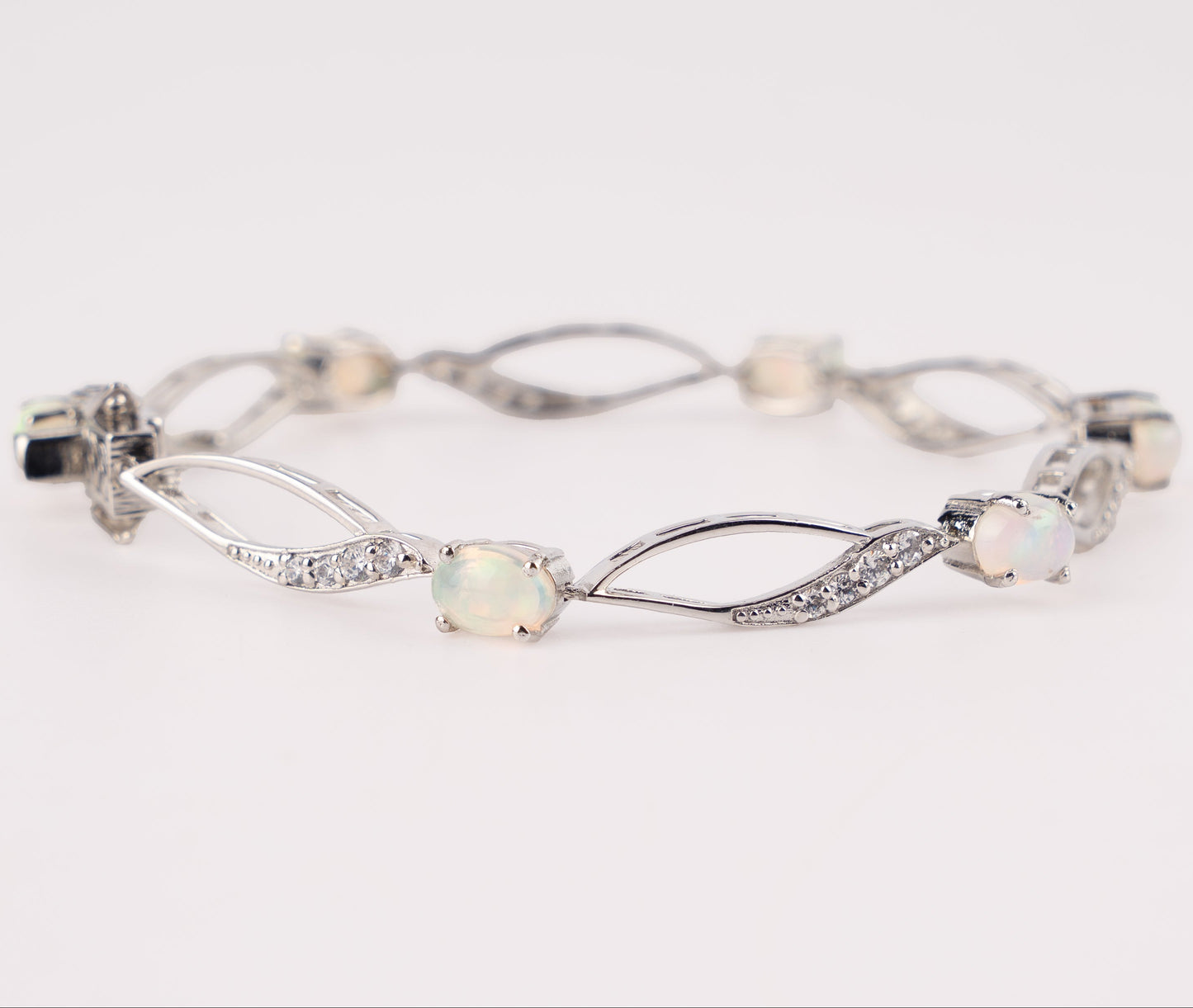 Elegant Sterling Silver Opal & Cubic Zirconia Marquise-Link Bracelet